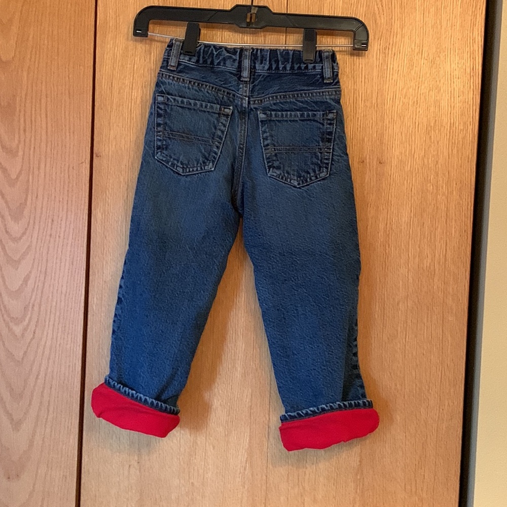Oshkosh b’gosh 5 red fleece lined adjustable waist blue jeans snap zip torn knee
